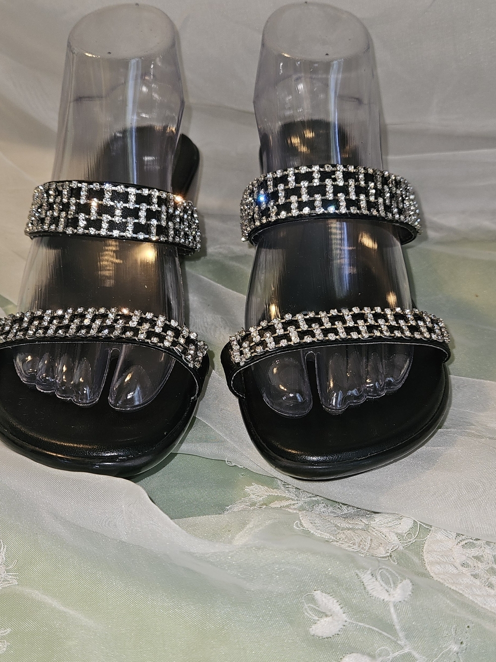 Black Rhinestone Double-Strap Slide Sandals - Elegant Women's Footwear